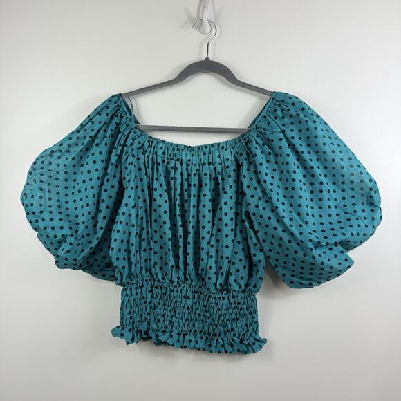 Double Zero Blue Polka Dot Puff Sleeve Crop Top Medium Off The Shoulder Smocked - Picture 1 of 12